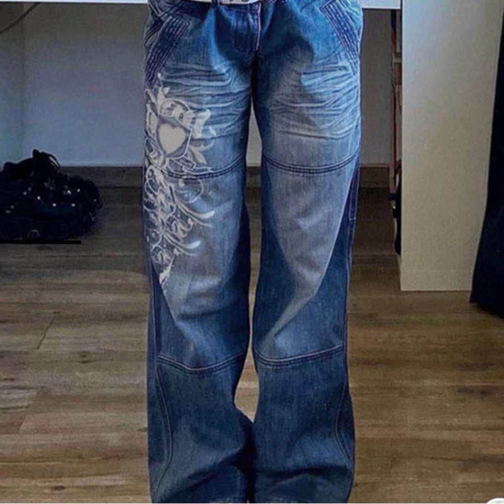 Washed Heart Pattern Cargo Jeans